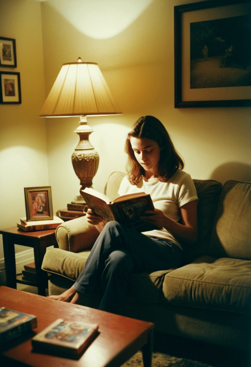 AI generated: This is a candid, full body, analog film photograph of a woman reading a book in the late evening wh...