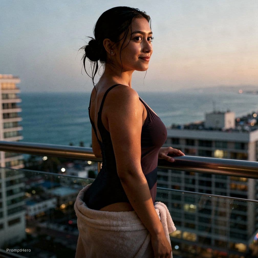 AI generated: A documentary style photograph of a young female on a high balcony just after swimming. Her long dar...