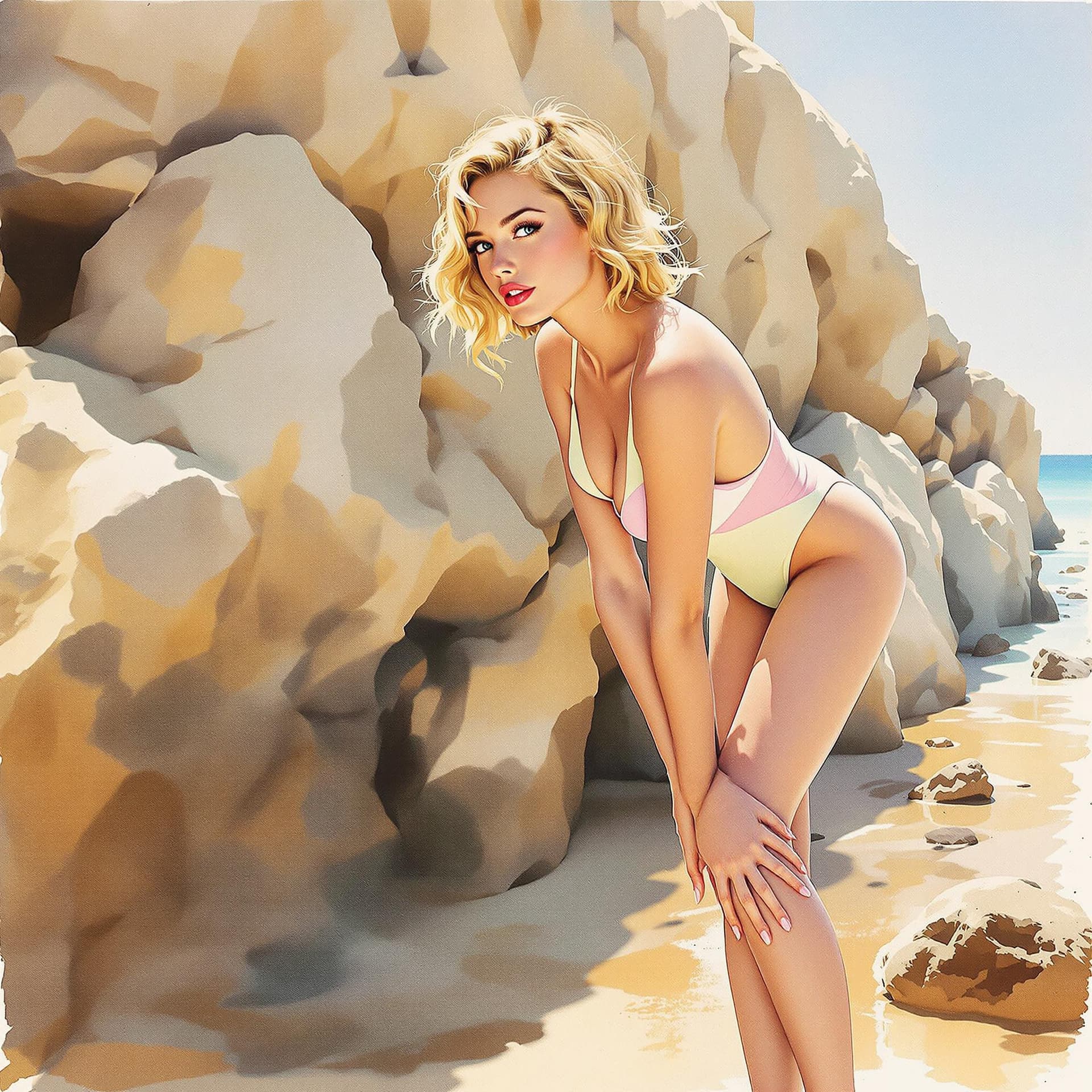 AI generated: A watercolor-style painting of a woman leaning forward on a rocky beach. She is wearing a retro-styl...