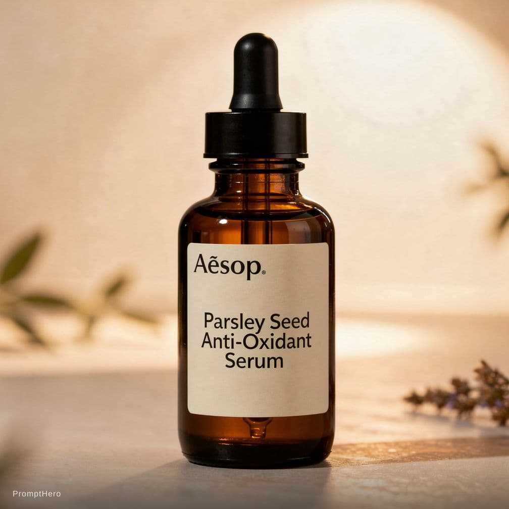AI generated: Detailed shot, Aesop's Parsley Seed Anti-Oxidant Serum, Nikon Z7 II, emphasizing the serum's elegant...