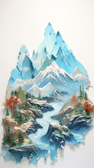 AI generated: Paper cut of a mountain, with cool colors, delicate peaks, Valerie Hegarty, Backlight, icy blue back...