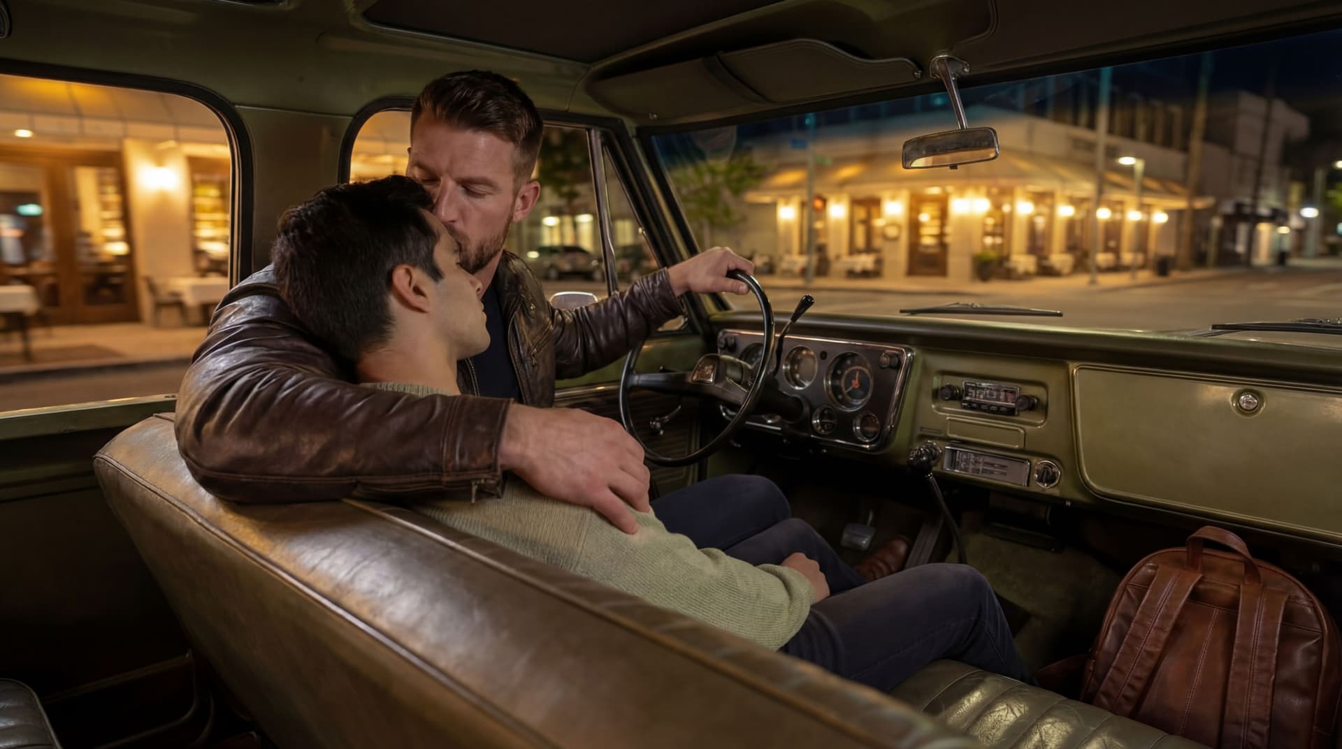 AI generated: Same image. The guy in the brown jacket is kissing the other guy's head.