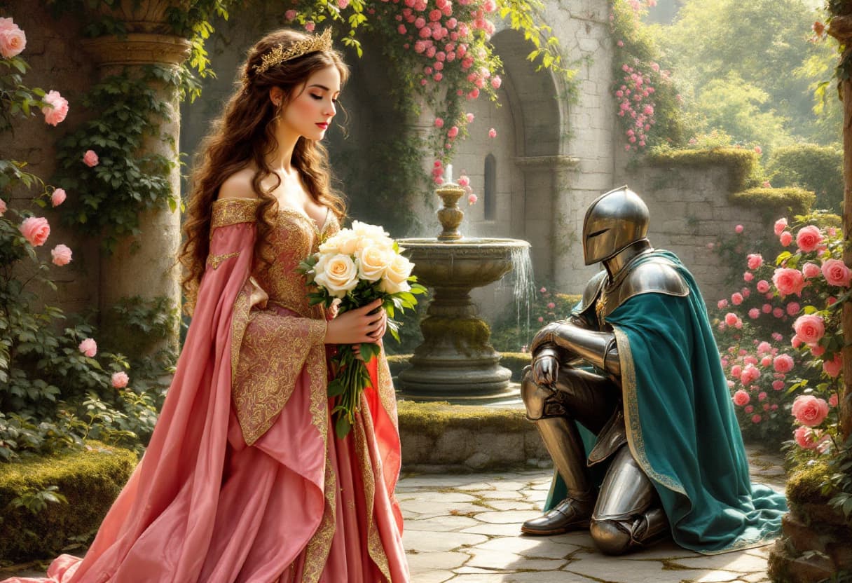 AI generated: A romantic oil painting in the style of Edmund Leighton, depicting an enchanting medieval scene: a y...