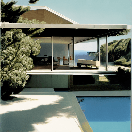 AI generated: Hyper realistic eye level exterior photo of a mid century modern style house overlooking the ocean, ...