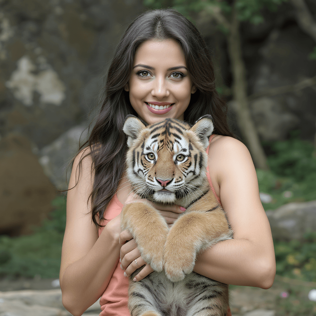 AI generated: A female who hold a baby tiger 
