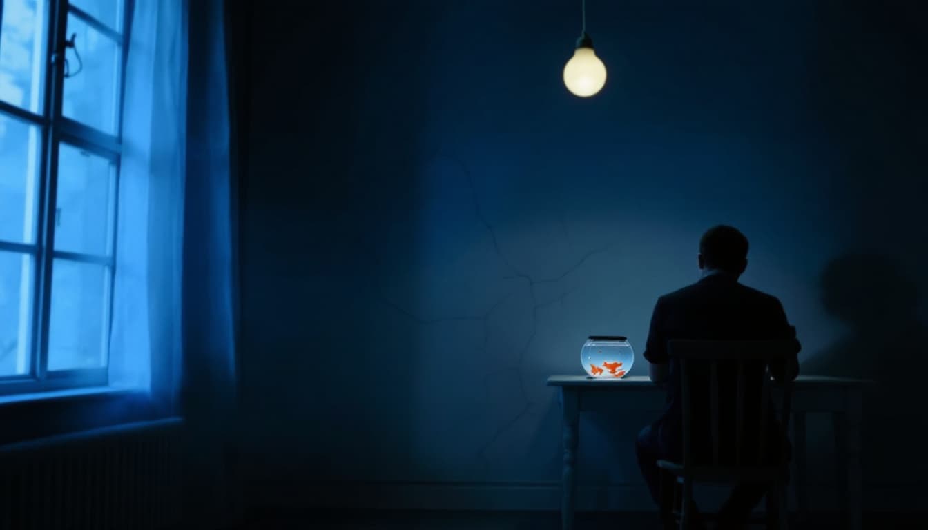 AI generated: Shot: Wide shot
Camera angle: Static from the far end of the room, facing the man.
Lighting: Cold bl...