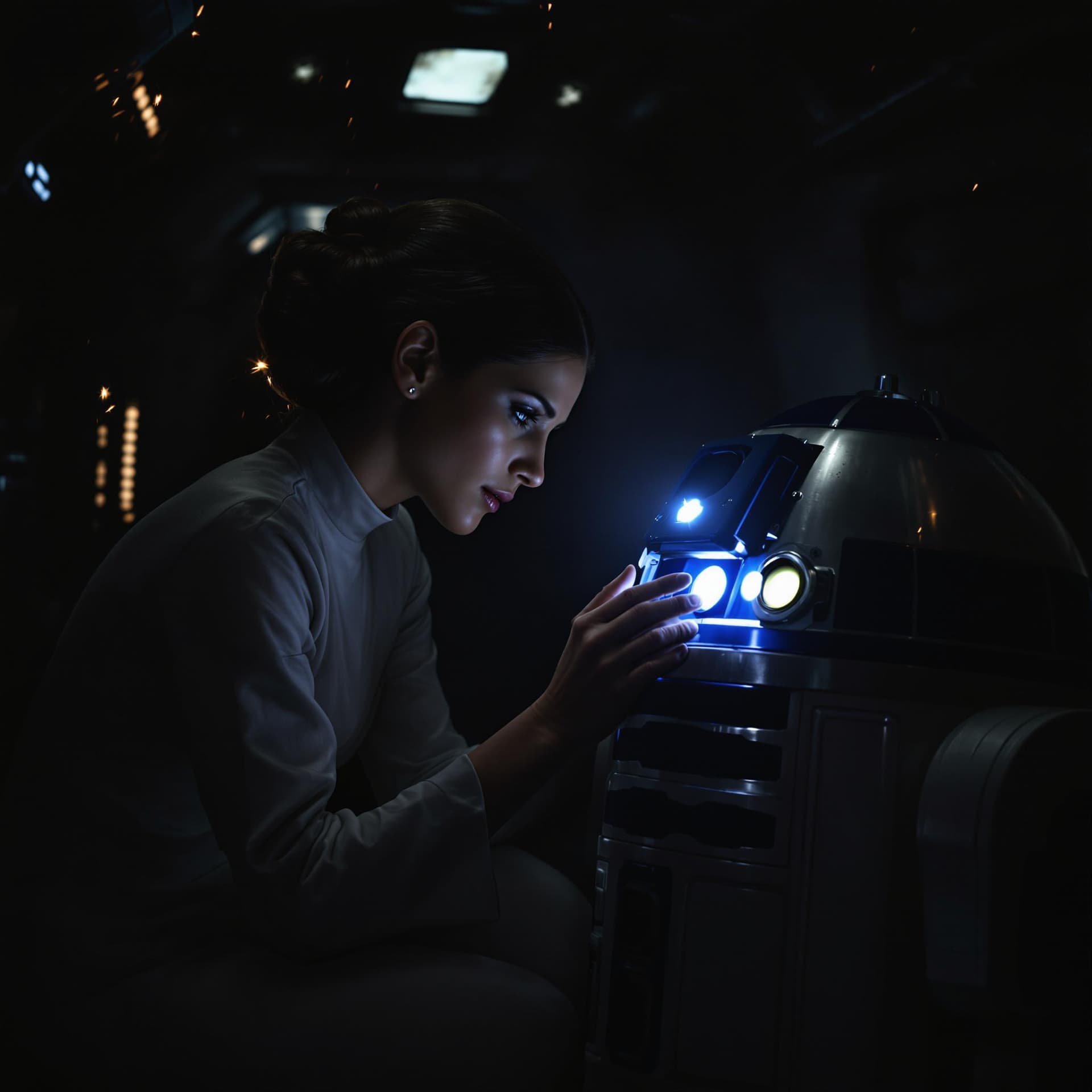 AI generated: "An ultra-detailed, cinematic scene of Princess Leia Organa crouched closely beside R2-D2 in the nea...
