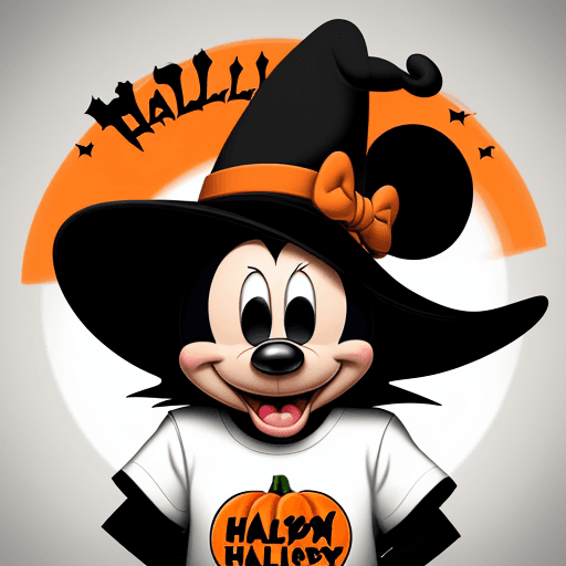 AI generated: High resolution photo interior design of Halloween Mickey Disney character in hats with text. Hallow...