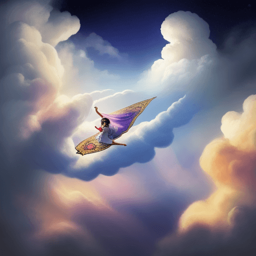 AI generated: a magic carpet flying through magical clouds 