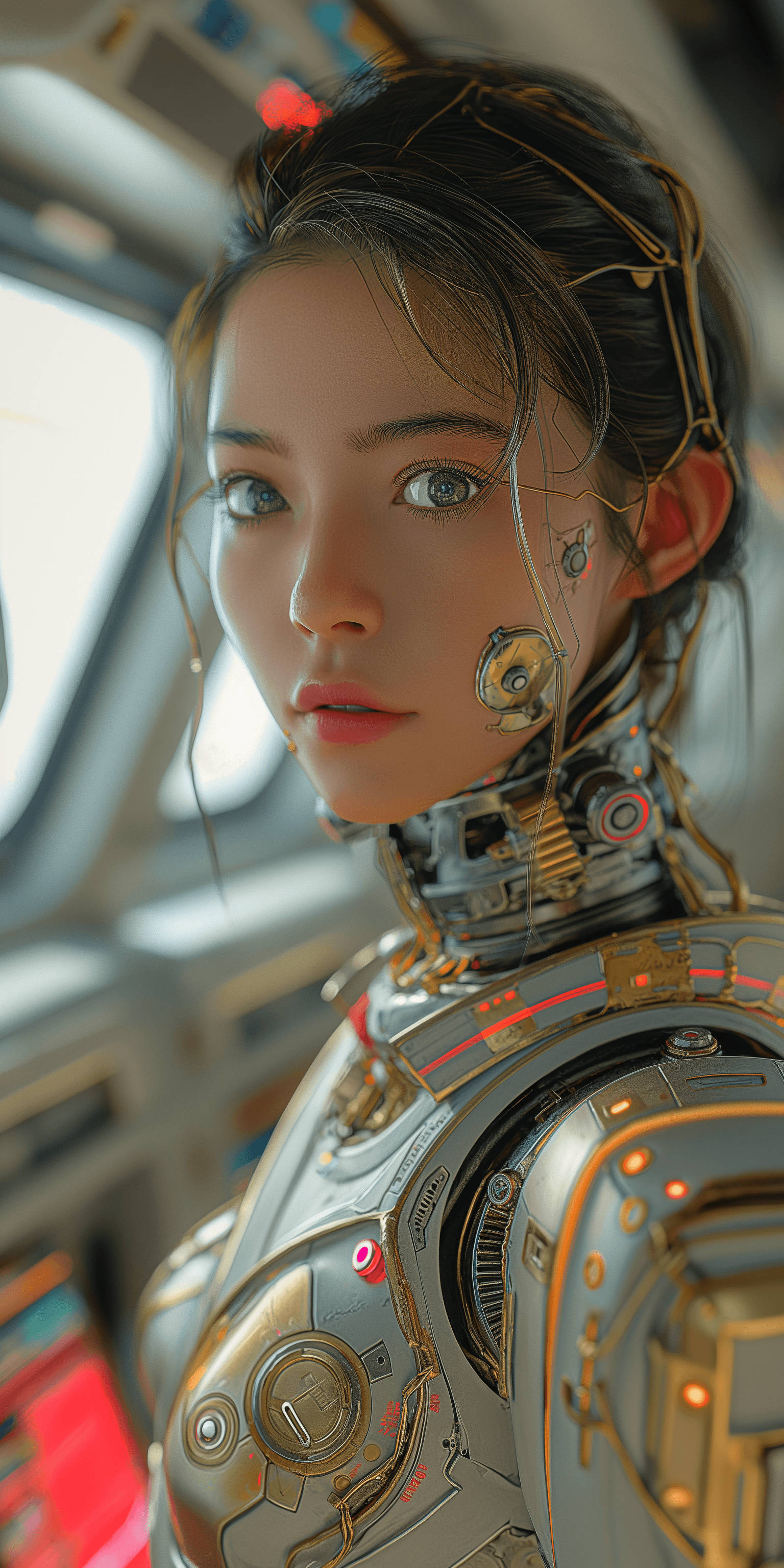 AI generated: commercial quality photo, humanoid cyborg, female, Asian face, in the style of cyberpunk realism, fu...