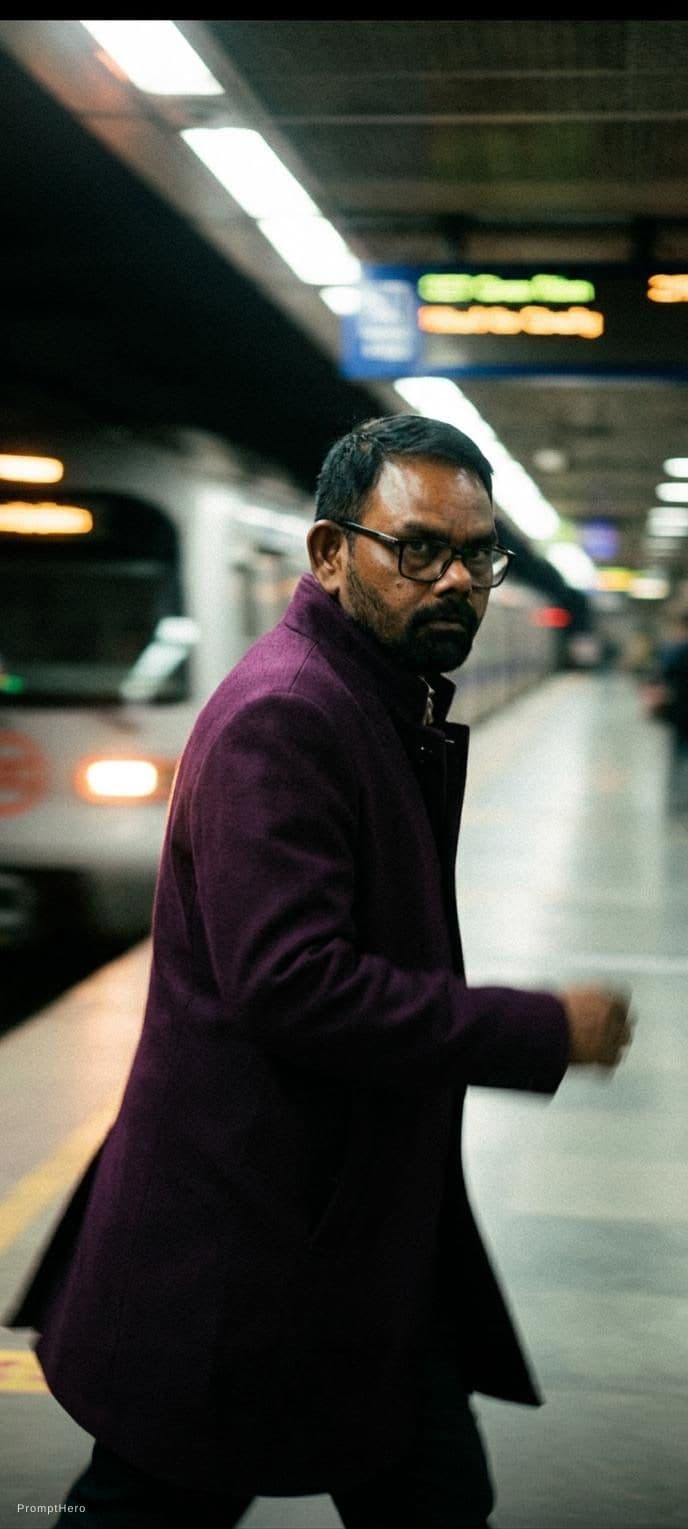 AI generated: fashion editorial photography, motion blur, male model, wearing an wool coat, deep purple color, wal...