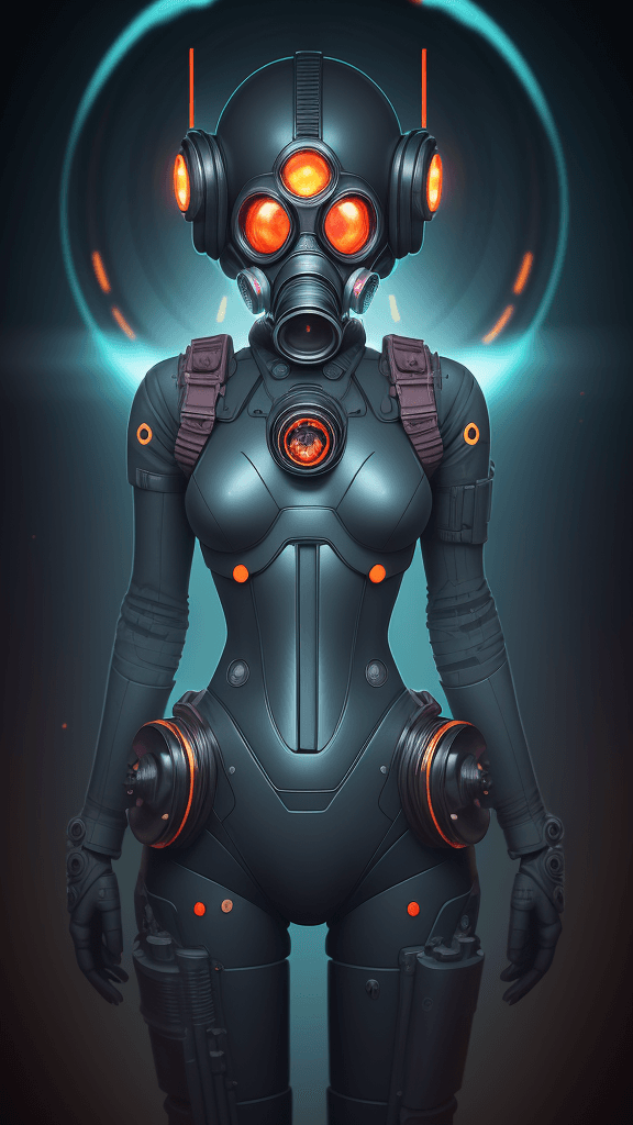 AI generated: complex background portrait of little comlex Android woman. Wearing a gas mask. Prominent eyes, comp...