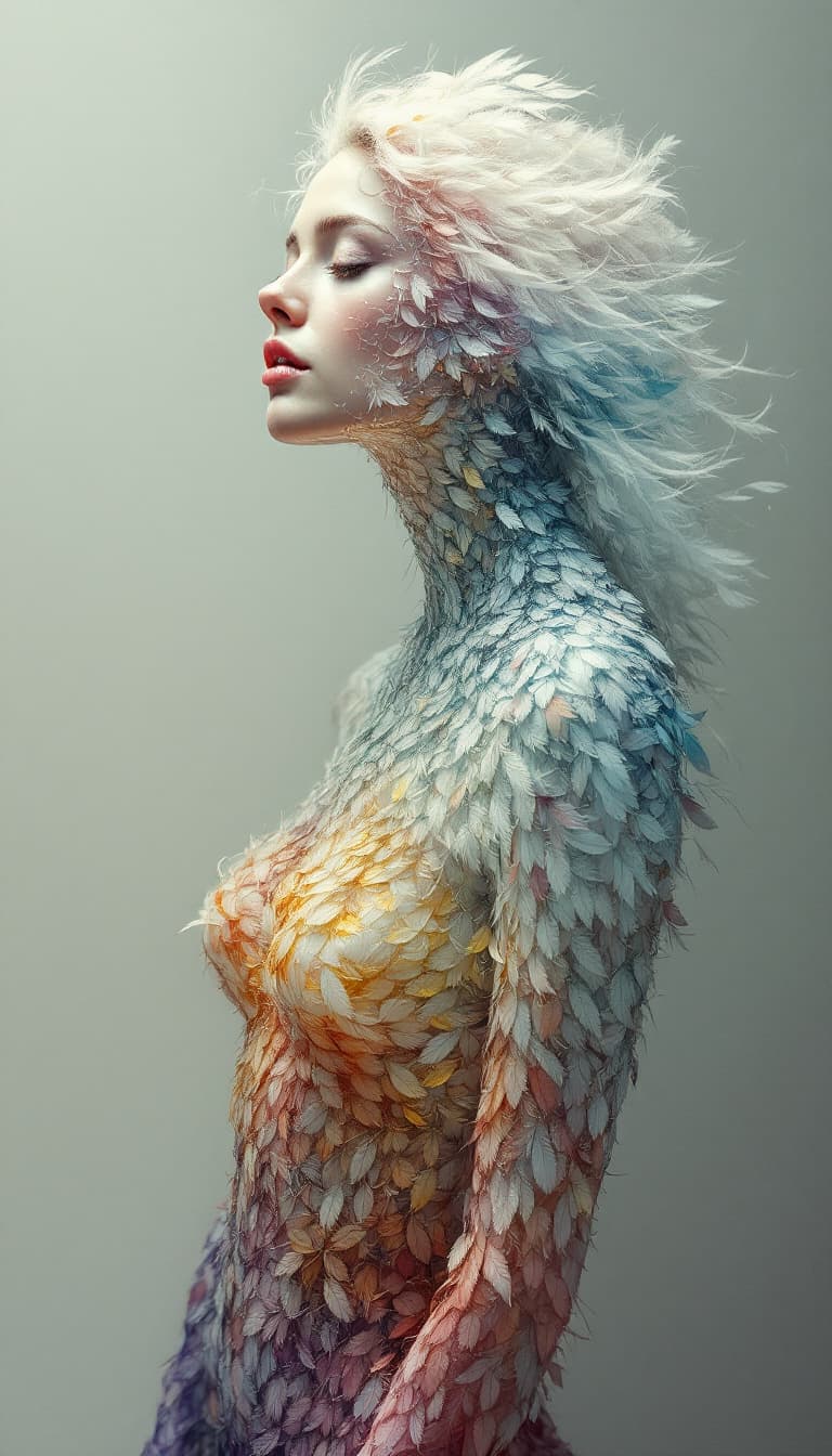AI generated: 29. An ethereal, three-quarter portrait of a woman, her body seemingly composed of countless, tiny f...