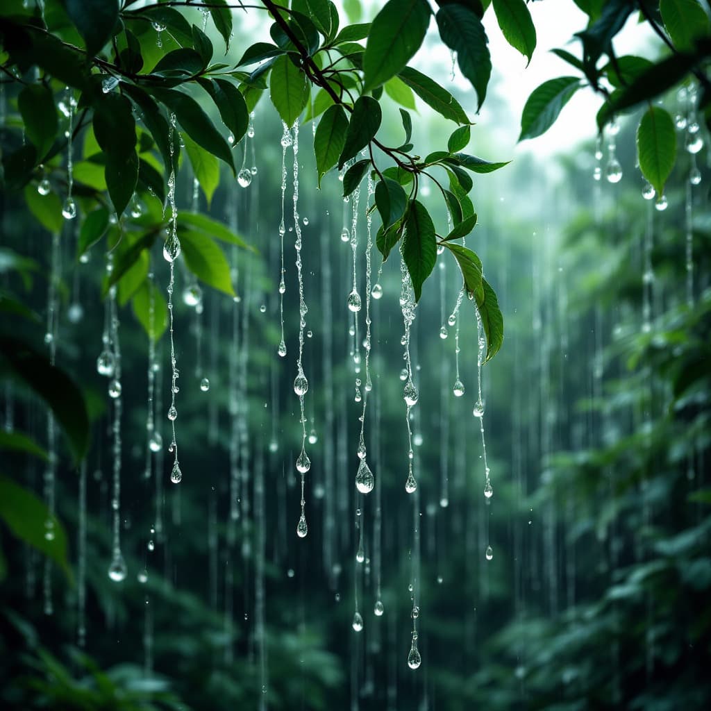 AI generated: rain drops falling from tree in a jungle with details and 4k effects