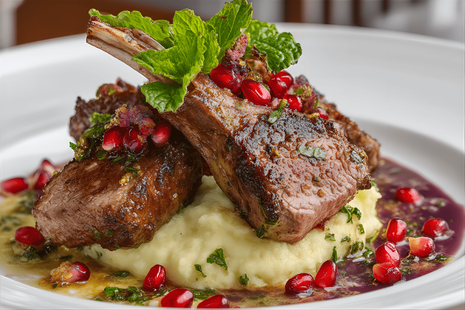 AI generated: An exquisite rack of lamb served on a white porcelain plate, garnished with a crown of mint leaves a...