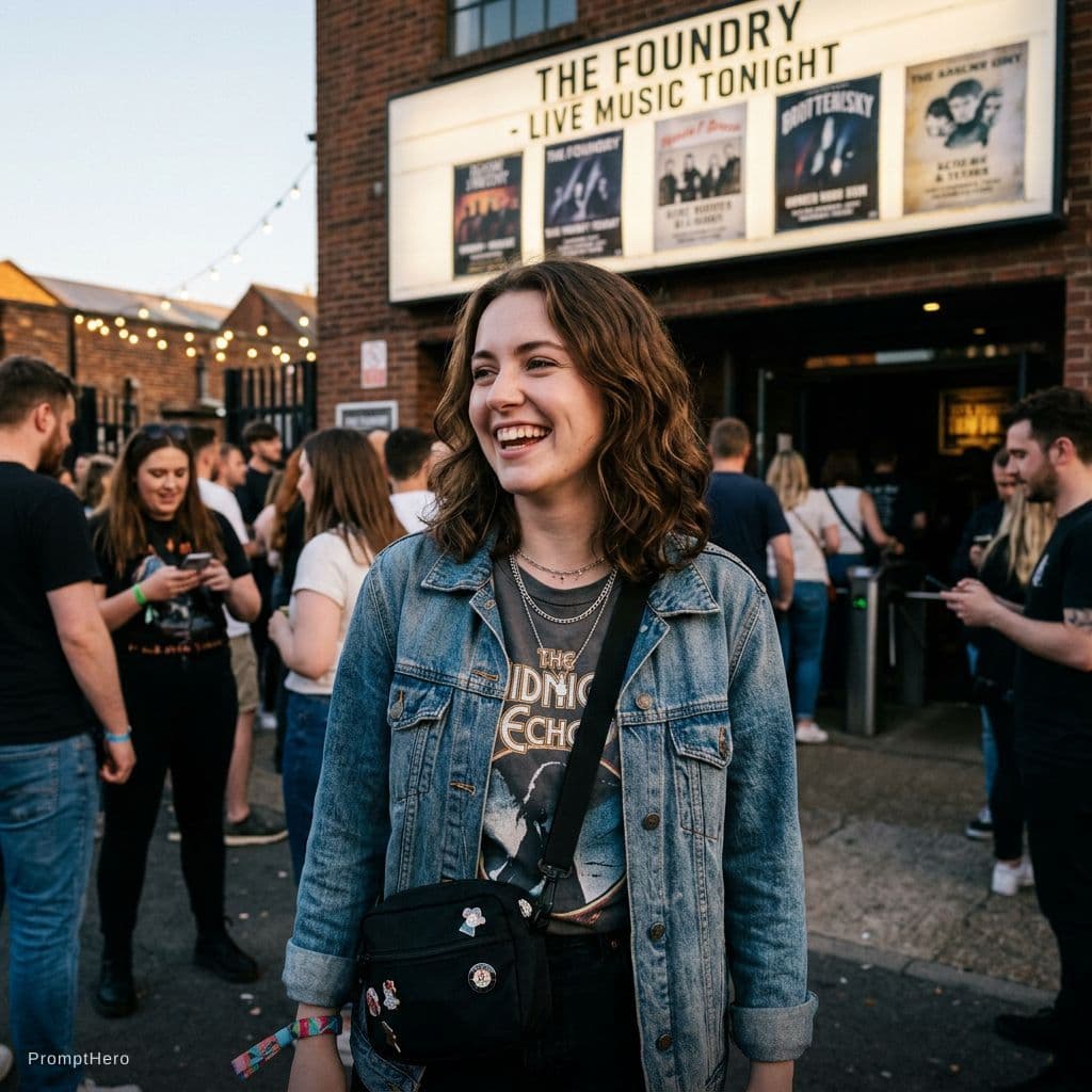 AI generated: Candid iphone photo of a girl outside of a concert, upscale and make image clearer