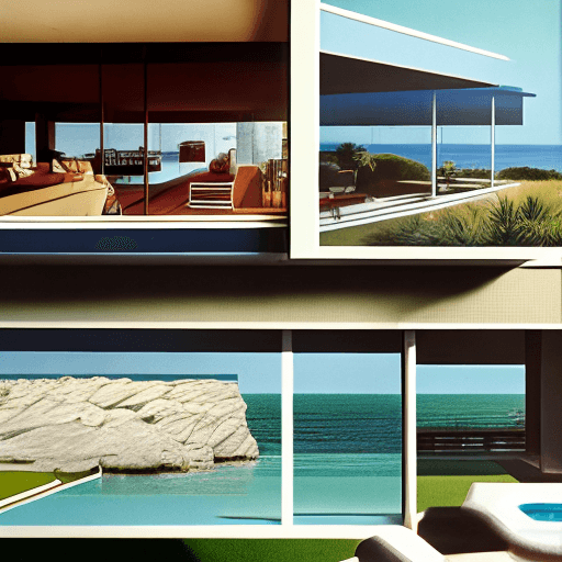 AI generated: Hyper realistic eye level exterior photo of a mid century modern style house overlooking the ocean, ...