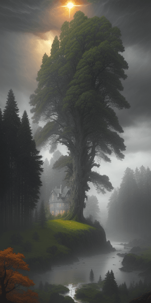 AI generated: 
landscape in Brittany, surrounded by trees, sun, foggy, massive storm clouds, Ivan Shishkin, Victo ...