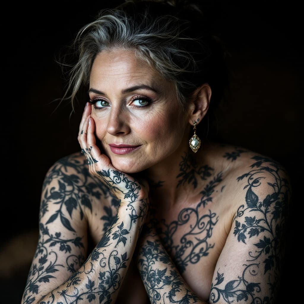 AI generated: style photographique réaliste, une femme, âgée, tatouée sur tout le corps