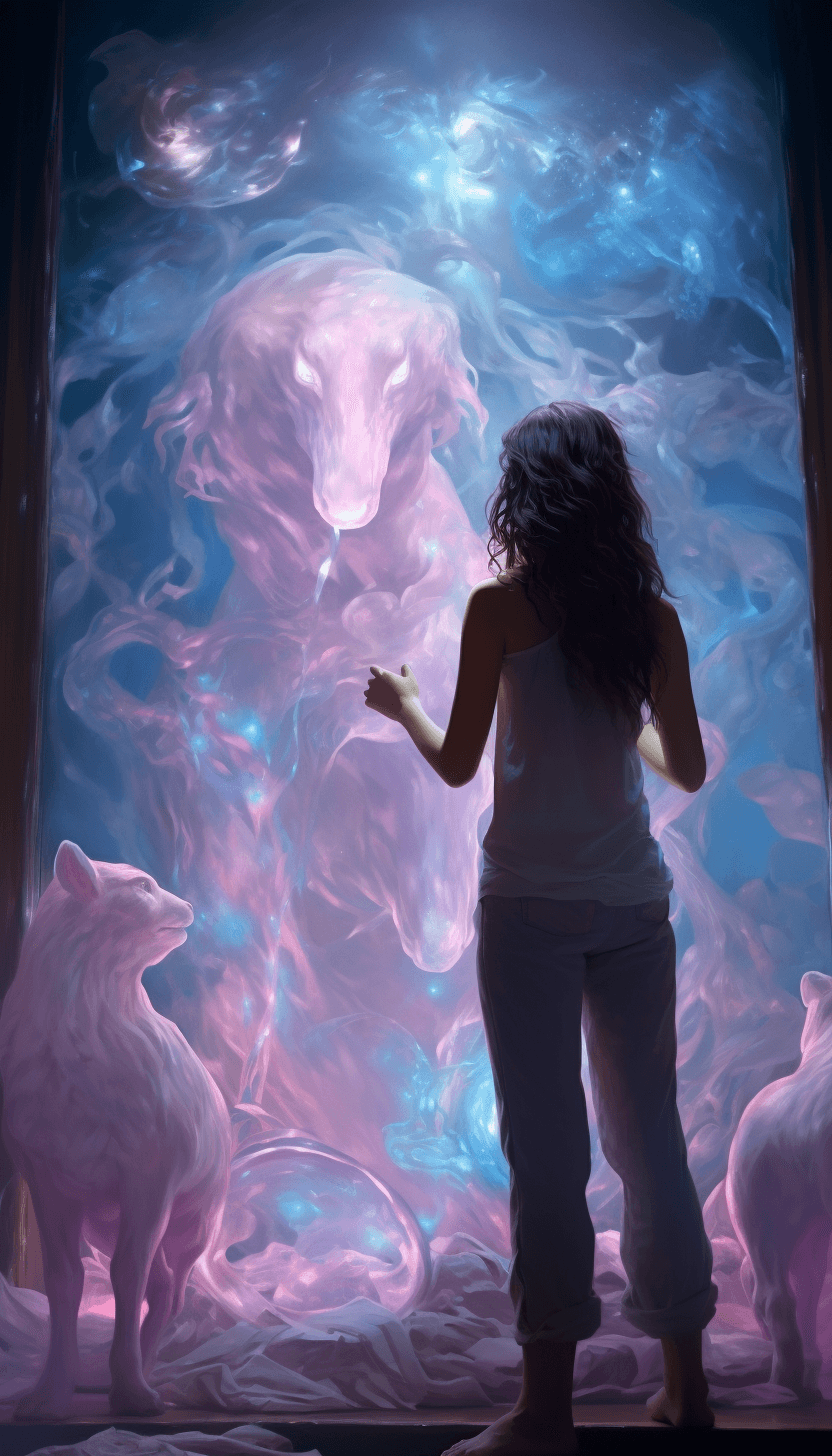 AI generated: A woman with long hair is standing on a nightstand and looking up at a stuffed animal, in the style ...