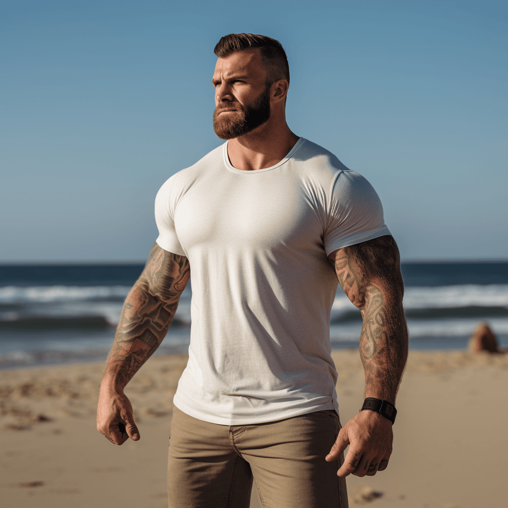 AI generated: Imperfect Streetstyle photo of big muscular, muscular tattoo biceps, 28 year old dressed casually in...