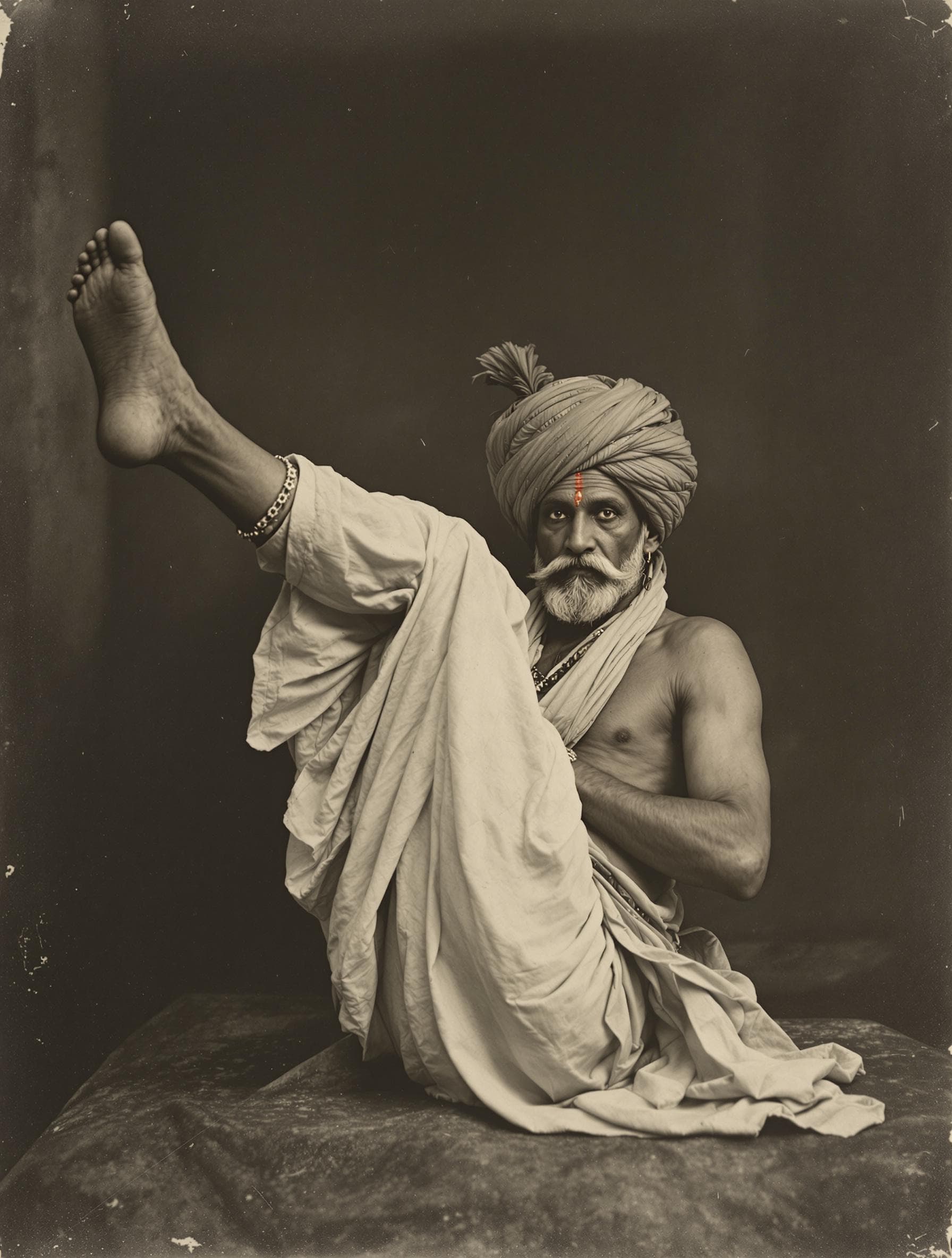 AI generated: old photo of an indian man in a turban with his legs raised, in the style of disfigured forms, conte...