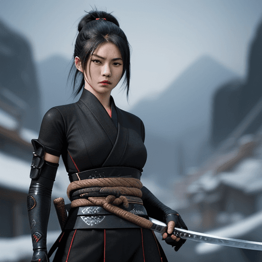 AI generated: a new character from the game Genshin Impact, a closeup, a full-length ninja girl with a katana, cin...