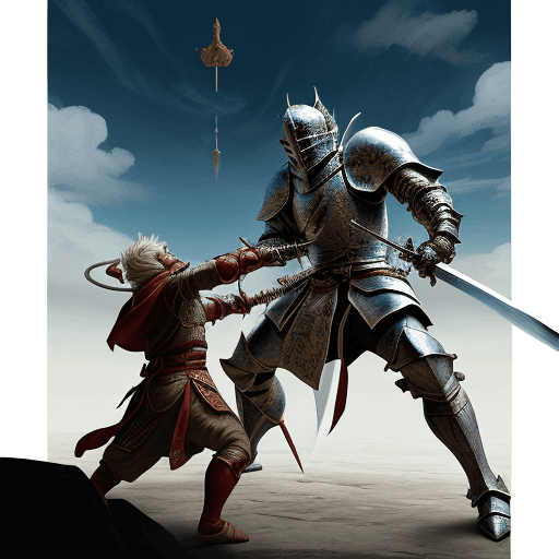 AI generated: a legendary knight fighting a demon king with  a legendary sword in a sky temple