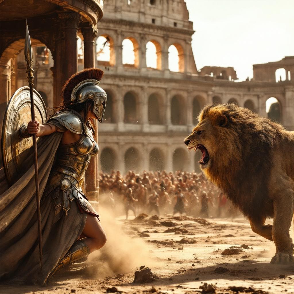AI generated: two women ancient warrior fighting in middle of The Colosseum, in the center of the city of Rome, an...