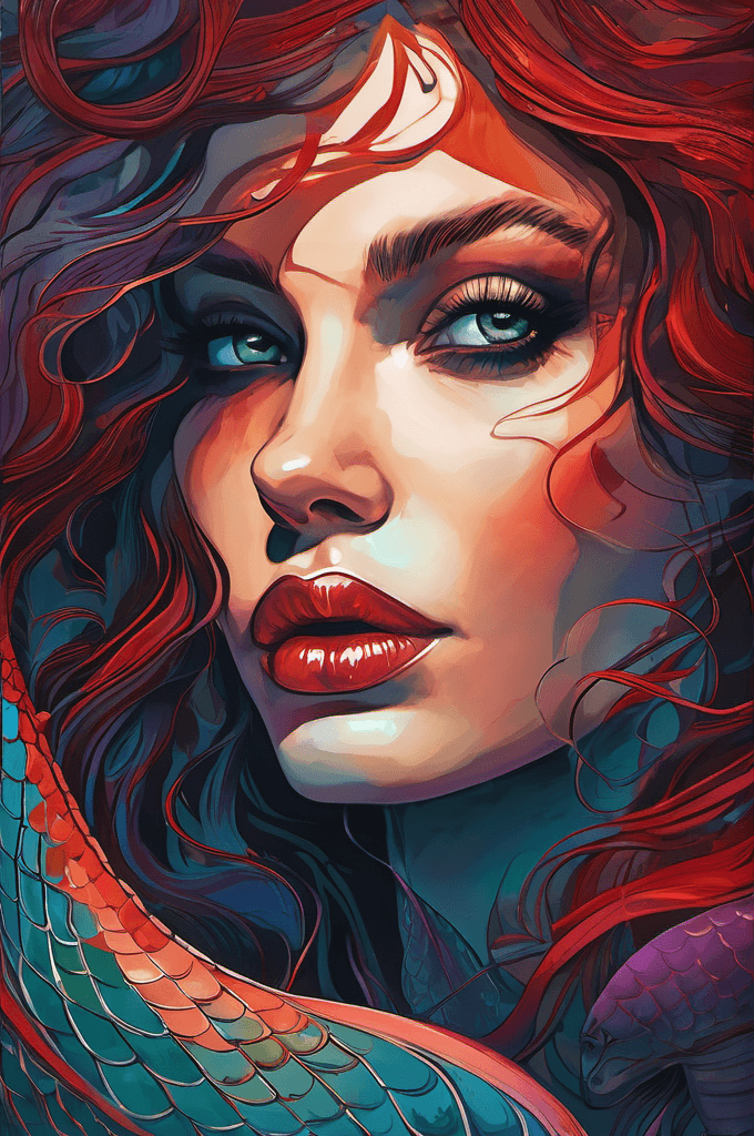 AI generated: close up of a beautiful mermaid, sultry facial expression, narcissism, elegant, Inks and Shadows, co...