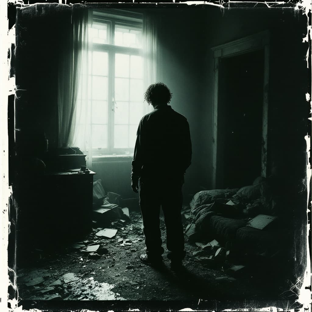 AI generated: grainy 80's photograph quality polaroid of dave blunt caught in an abandoned house, dark