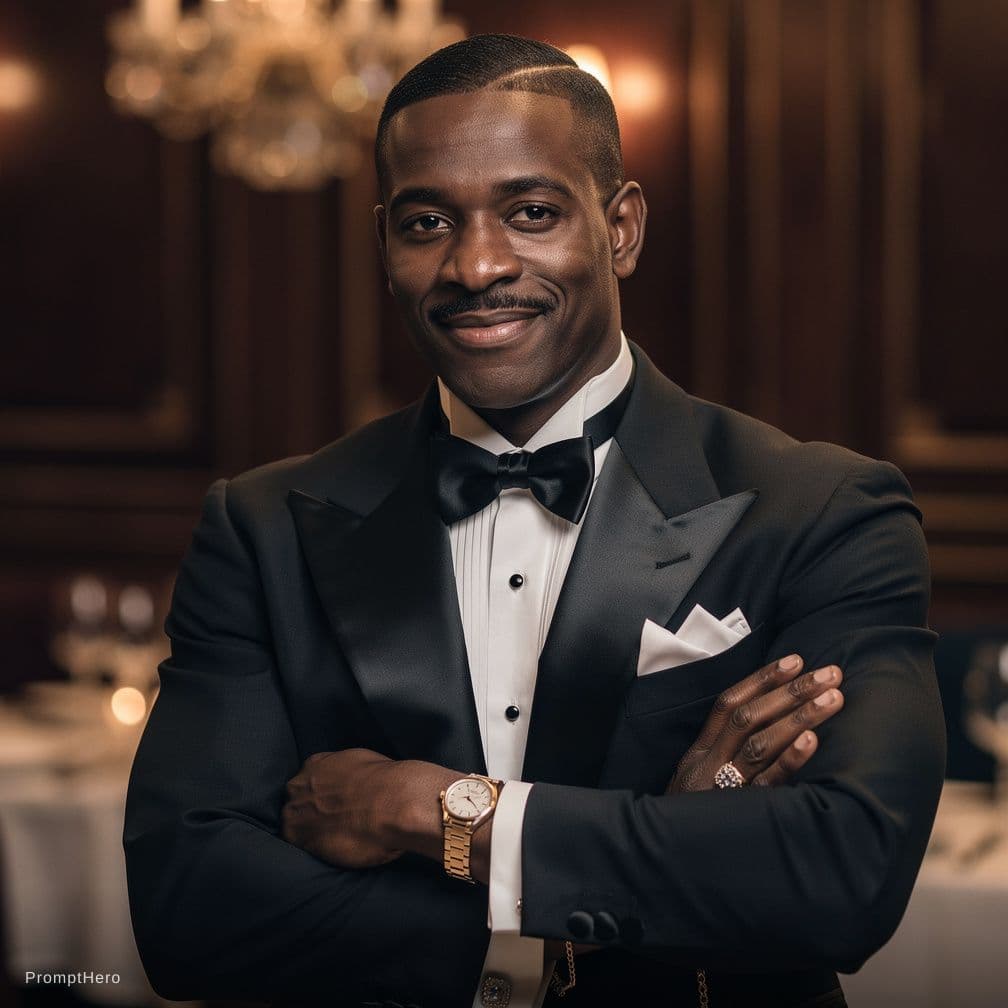 AI generated: portrait of a black, 1920s man dressed for a society dinner who seems a charming, influential busine...