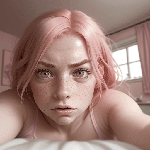 AI generated: A highly detailed, realistic selfie taken by a girl with pink hair and subtle freckles, lying on her...
