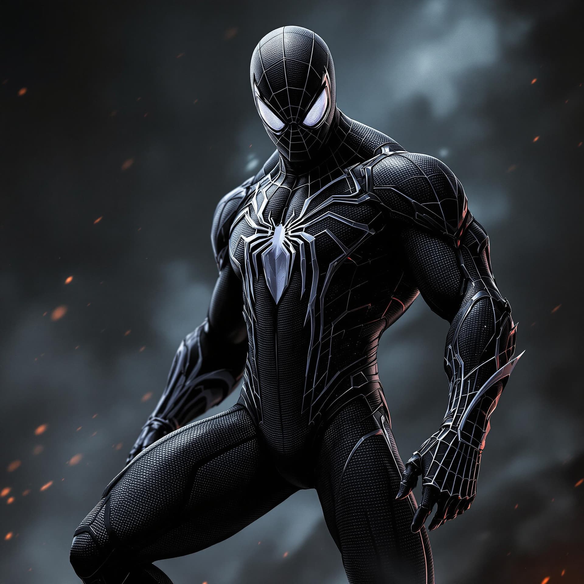 AI generated: a full body shot of spiderman in his black suit from the comics character concept art by Roberto Fer...