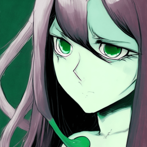 AI generated: a girl with long hair and big shoulders, with angry eyes, in the style of quirky manga art, bill wat...