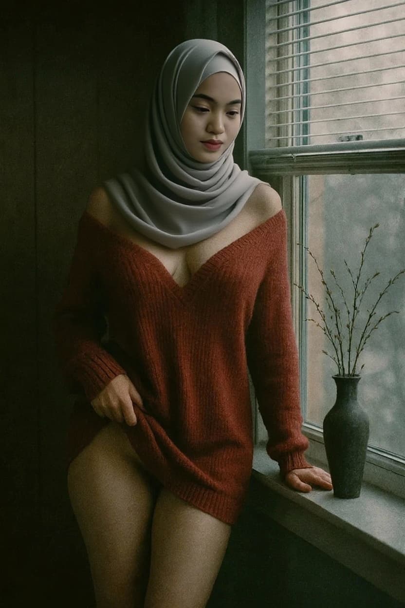 AI generated: woman on this photo take out the hair, wear hijab, maintain the authenticity of his face and pose.