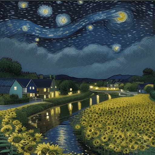 AI generated: Imagine a serene landscape in the style of Vincent Van Gogh, with a swirling starry night sky filled...