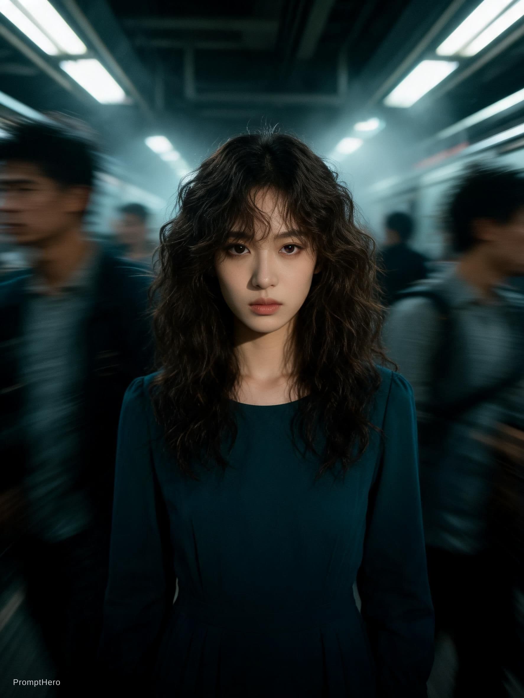 AI generated: Cinematic editorial portrait of a young women in her early twenties standing motionless at the cente...