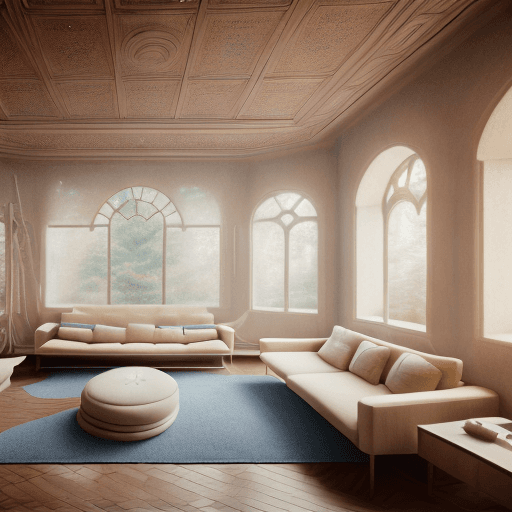 AI generated: High resolution photography interior design, dreamy sunken living room conversation pit, wooden floo...