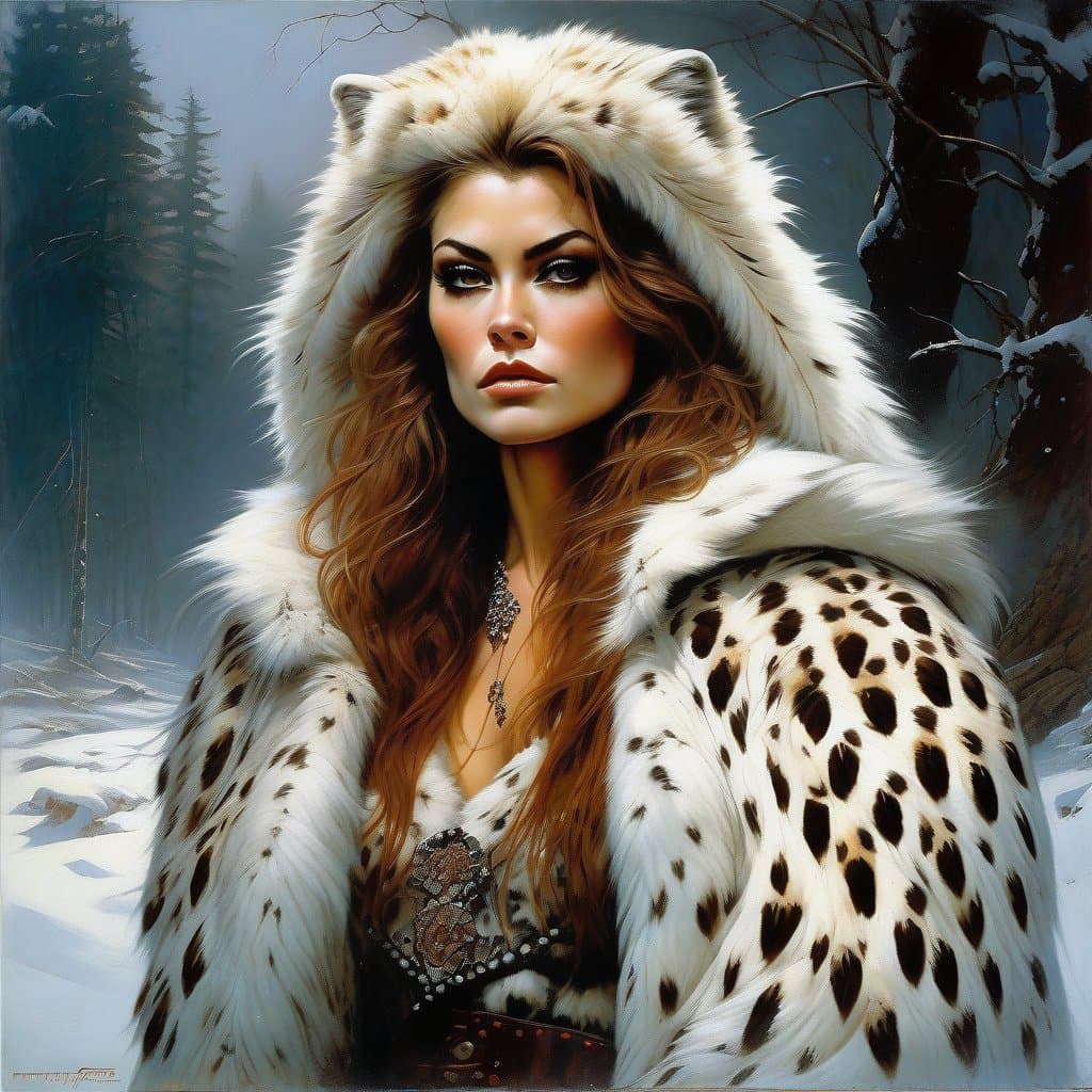 AI generated: A portrait of a female Winter Wildling white leopard thick fur pelt winter coat, cinematic themes of...