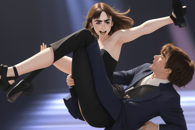 AI generated: Lily collins kicking a man