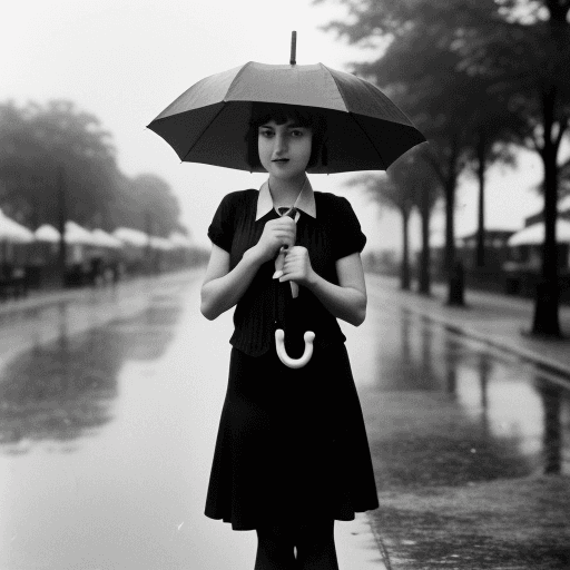 AI generated: a girl dressed like in the 1920's holding an umbrella, black and white photo