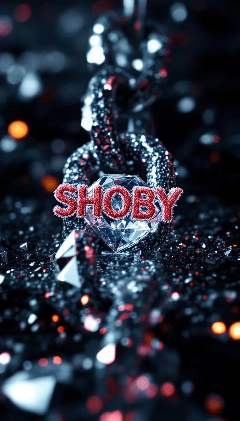 AI generated: big diamond ice out cuba chain. On the Chain  is the text: SHOBY" in a abstract red diamond font sty...