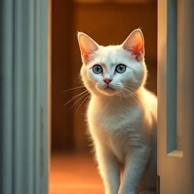 AI generated video: Cat peaks and looking sharply with his eyes big, zoom in to the face of cat 