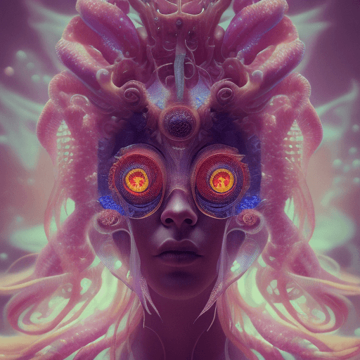 AI generated: Goddess close-up portrait ribcagel. jellyfish phoenix head, nautilus, orchid, skull, betta fish, bio...