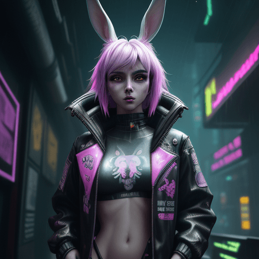 AI generated: digital artwork of anthromorphic 
Bunny female, fursona, furry fandom, neon rainy cyberpunk setting,...
