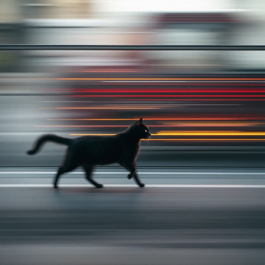 AI generated: conceputal image, commercial, rapid red line theme, wide shot, passing by running black cat blurring...