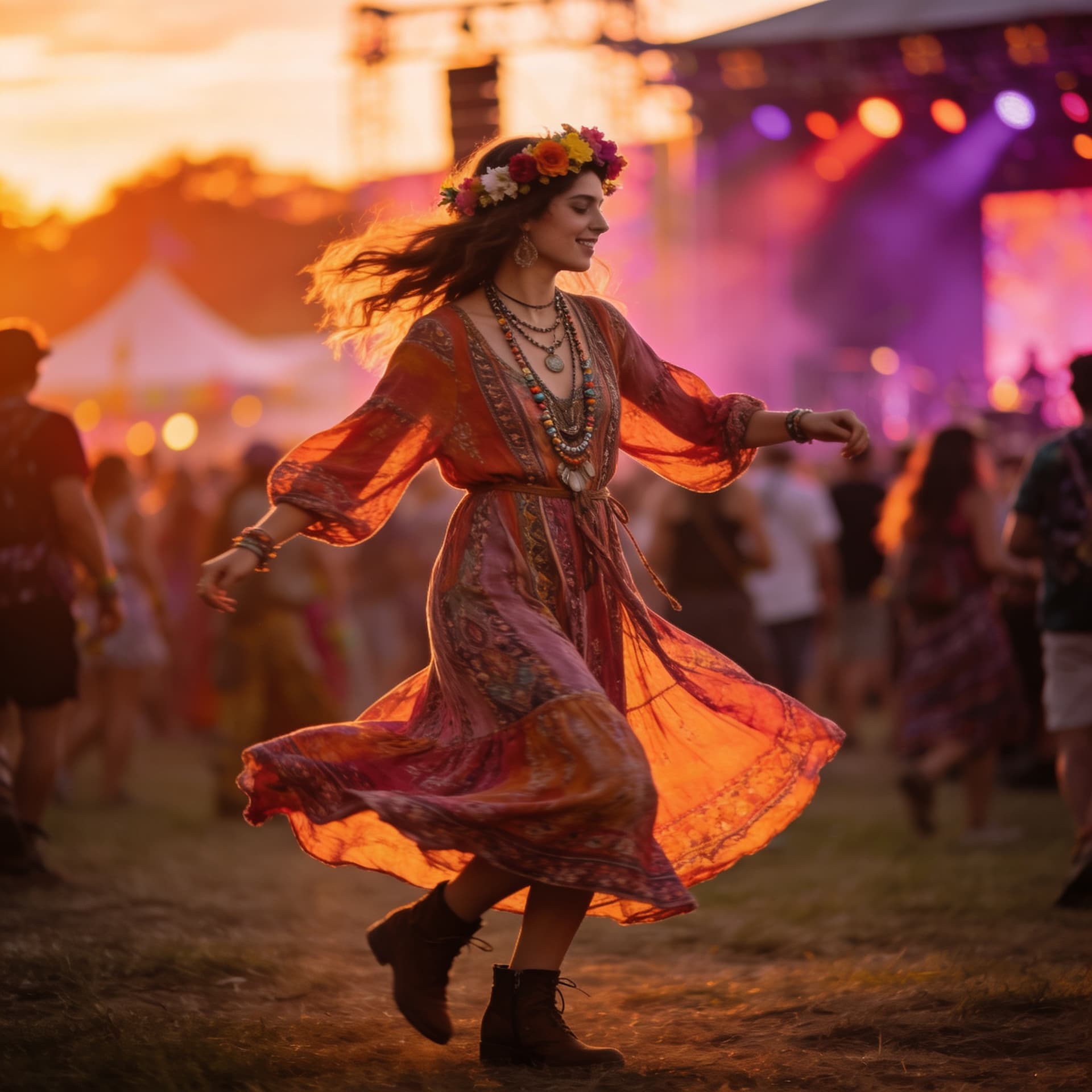 AI generated: stylish woman at outdoor music festival, boho outfit, sunset lighting, vibrant colors, natural candi...