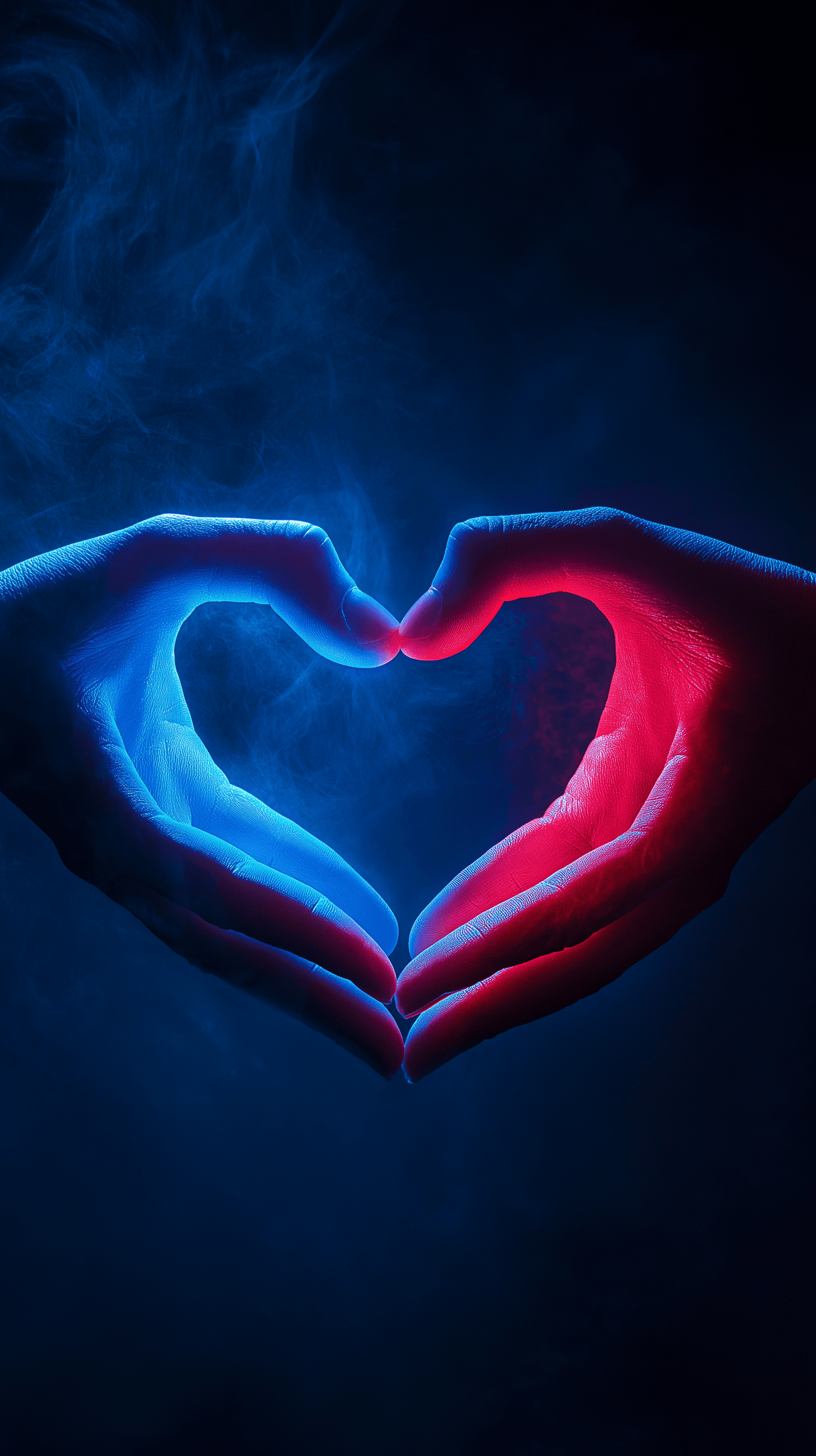 AI generated: close-up photography, two hands, one glowing with a cool azure hue and the other with a warm crimson...