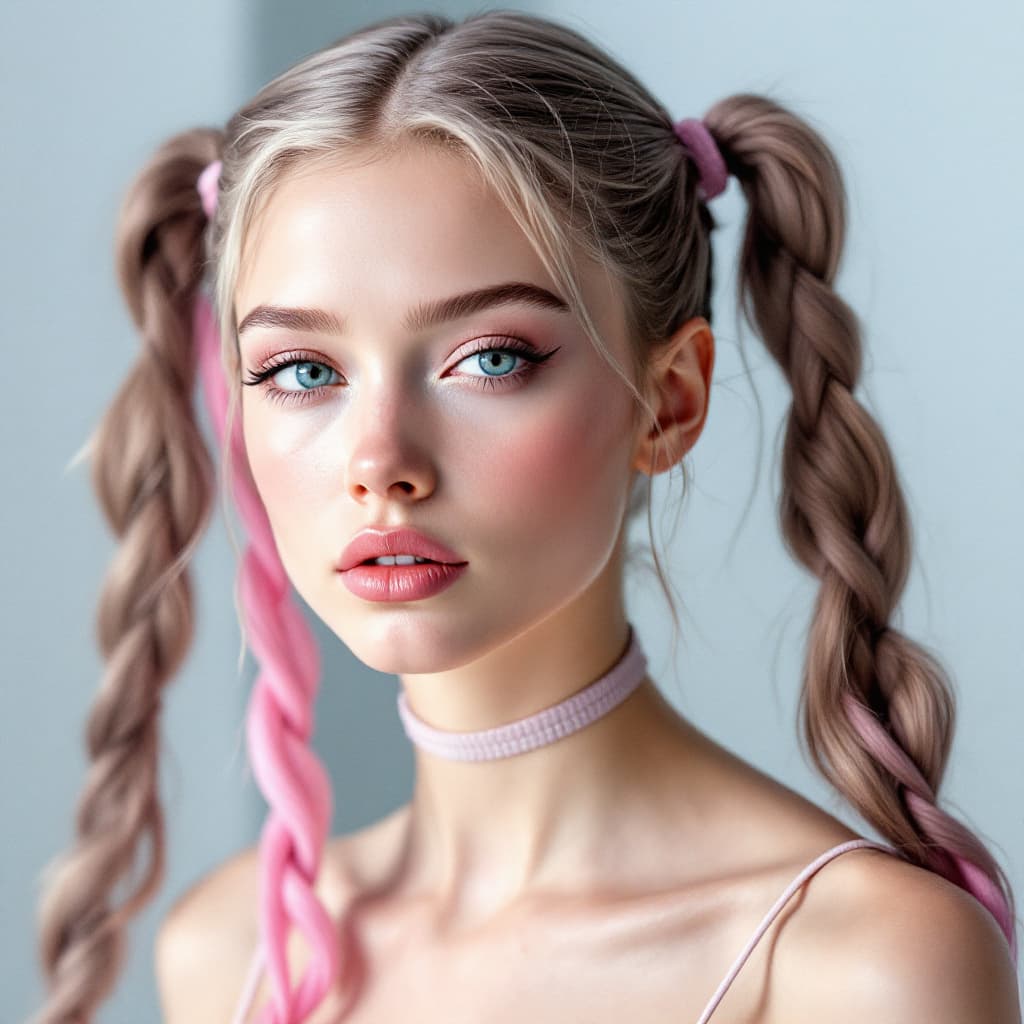 AI generated: Vogue Runway Model with long Pigtails in the style of candycore hair, pale skin and light pink lips ...